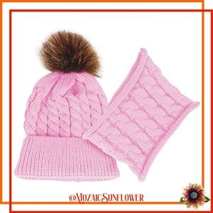 Toddler 2 Piece Hand Cable Knit Pink Hat Faux Fur Pom and Collar Scarf